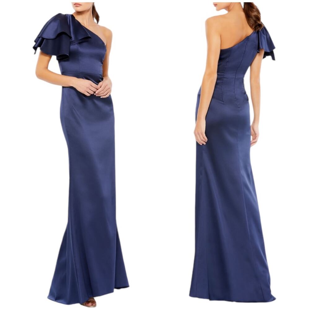 Mac Duggal NWT 26521 Ruffle One Shoulder Satin Maxi Dress Navy Blue Size 14